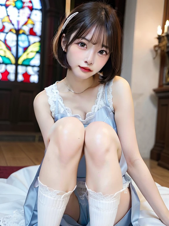 One wears white socks、Cute little boy in short white blouse showing his face on bed, Black hair, Shiny hair, , Clear  eyes, Golden eyes, grin, Shy, , hyper HD,