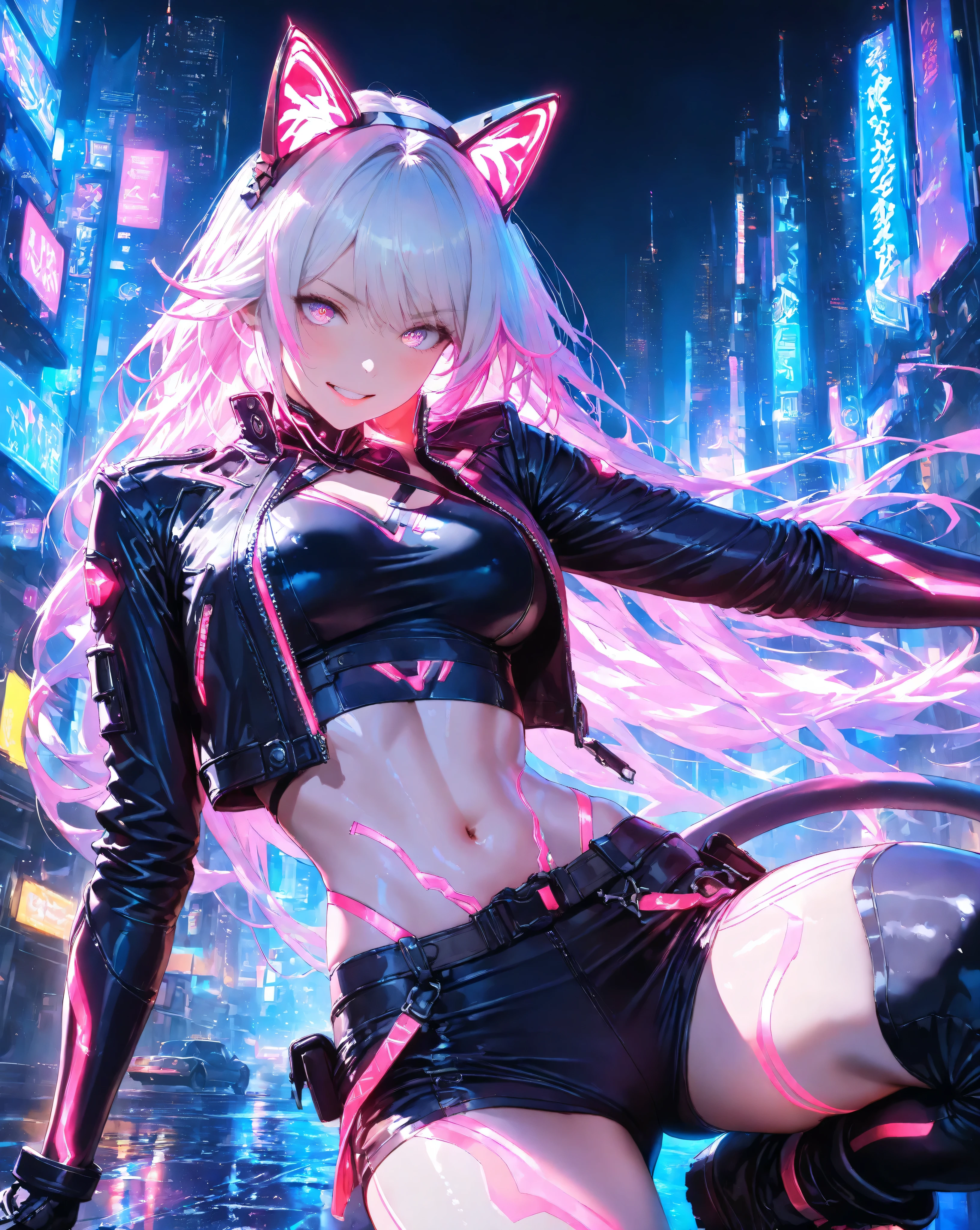 Quality:(high score score), (masterpiece, detailed:1.2), (ultra-detailed), (ultra-quality), (super-resolution), (detailed-background),

Art Style:(photorealistic):1.4,(2.5D):1.5, (realistic lighting):1.3, (realistic texture):1.2, cinematic lighting, volumetric lighting, ray tracing, depth of field, neon glow, cyberpunk lighting, vibrant pastel color palette, cinematic angle

Subject (Foreground):upper body,
(Breathtaking Fairy Cat Bounty Hunter Woman):1.5, (kung fu pose):1.5,(triumphant-grin):1.4,(determined expression), (detailed vivid eyes),(delicate and moisturized lips),(smooth and Slender body lines):1.3, (translucent and moisturized skin), (graceful knee lines), (natural and beautiful leg lines), (delicate body contours),
(platinum hair with neon highlights):1.2, shimmering with digital light, meticulously detailed strands of hair, silky smooth texture, flowing like it flutters in the wind, natural shading and highlights,
(cyber cat ears):1.2, emitting faint holographic glows,
(mechanical cat tail):1.2, with visible intricate circuitry and a subtle hum,
(cyberware from which the fox tail emerges):1.2, subtly pulsating with light,

Outfit:(cyberpunk techwear):1.6, (belly-exposing crop top):1.6, (black leather jacket with neon glowing lines):1.5, (short-sleeved black leather jacket):1.4, (harness and straps):1.3, (armored gloves):1.3, (futuristic combat boots):1.3

Background (Midground & Background):
(cyberpunk cityscape street level):1.6, (neon lit city street), (futuristic buildings), (subtle glowing holographic advertisements), (light rain on wet pavement), (steam from street vents), (distant skyscrapers), (empty street), (calm cityscape), (depth of field):1.2, (bokeh foreground)
