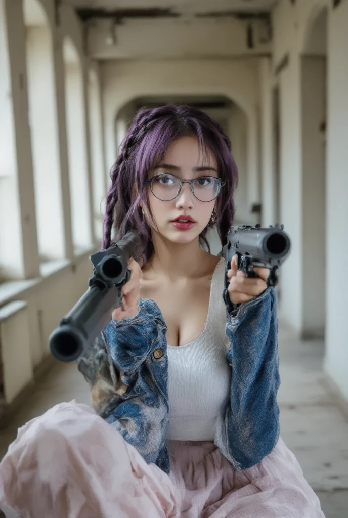 NSFW, (8k, RAW photo:1.2),1 soldier, gray hair, best quality, ultra high res, cinematic lighting, motion blur, (photorealistic: 1.4), POV,(ground:1.1), (looking at viewer:1,331),(split lips:1.1), (eyelashes:1.1), (happy:1.21), (depth of field:1.1), flare lens, (chromatic aberration:1.1), (caustic:1.1), (scattered luminous petals:1.331), ulzzang-6500-v1.1:1.2, large sweater, (short denim),  in the water, off the shoulder, jacket, short jeans,curly mohawk, touch head, silver hair,rifle on the back, showing, pistol on the coudri, knife, ((straps)), ((naked: 1.2)), choker, pircing, showing pistol, empty shoulder, backpack, (random color) --auto --s2