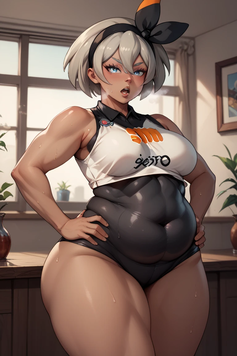 ((Dark skin)), ((dark skinned female)), ((brown skin)) ((giantess)), ((strongfat)), ssbbw, obese, ((strong arms)), white hair, blue eyes, ((tall)), (gentle smile), (wrestling gear), gigantic, insanely large belly, sweaty, subtle blush, (bare arms), ((gigantic biceps)), leotard, fingerless gloves, ((wrestling ring background)), clear face, large eyes, ((heavy shading on lower half of the body)), ((large bicep muscles)), ((looking down at viewer)), 