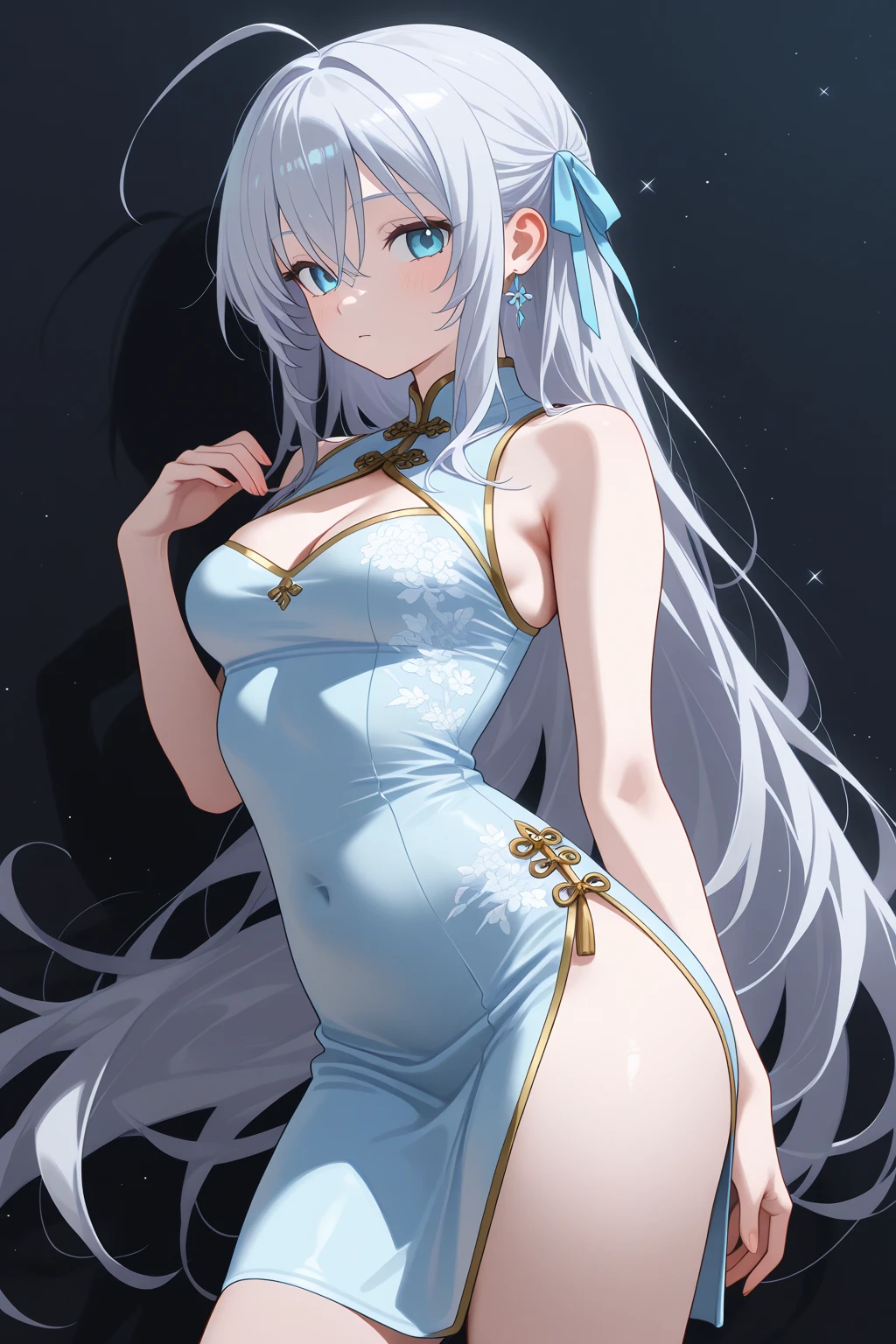 (Masterpiece), (Top Quality Anime Illustration), (Super Definition), One Girl, Solo, Silver-haired Beautiful Girl, Anime Loli, Cat Ear Loli, Light Blue See-Through Cheongsam Dress, Short Cheongsam, Sleeveless, Smile, Cleavage Emphasis, Lower Breast Emphasis, Thighs, Tarot Card Wind