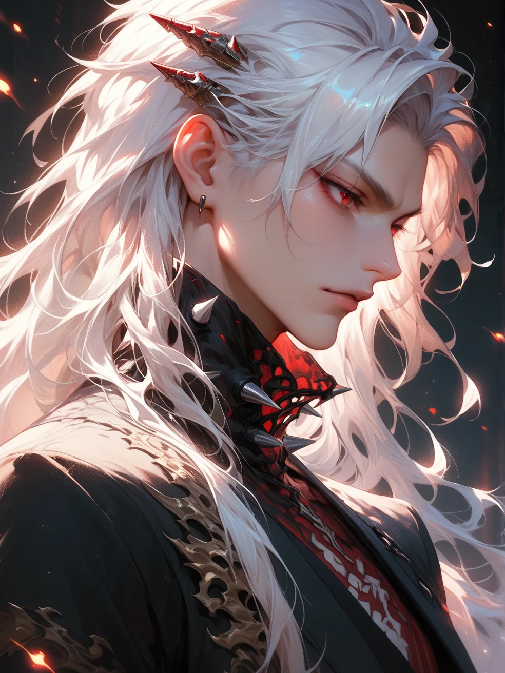 alone, good looking, 1 male, Long hair, Middle parted hair, Black hair, Red eyes, Black shirt, White Thailand, Black Trench Coat, Royal Silver Jewellery, Royal Demon Earrings, Black horns, Side profile, fallen angel