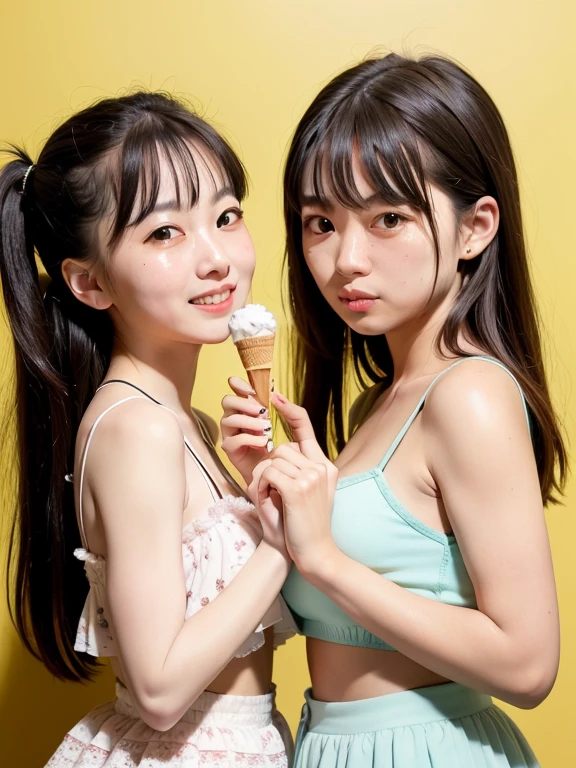 (extra detailed body、highly detailed face、best quality:1.2)、identical twin sisters、looking at the viewer、(psychedelic、marbling、laughter)、(background lemon color:1.4)