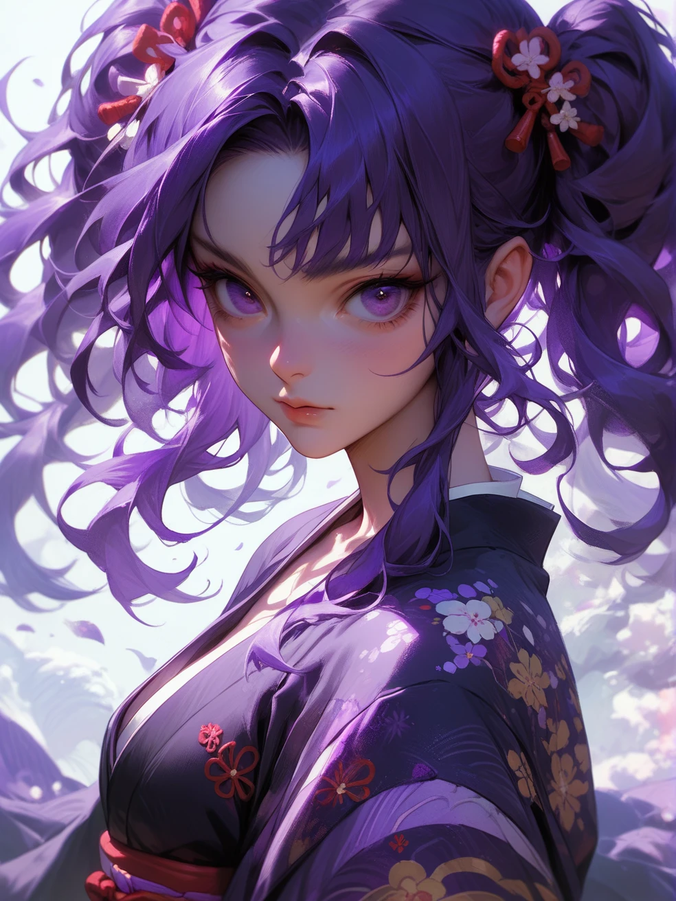 woman, Purple messy hair, ((Black kimono)), ((Masterpiece of shadow detail)), Background smoke,