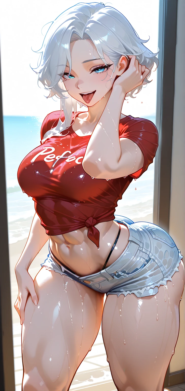 Sakura Haruno, milf, mujer mayor, cabello rosa, blusa corta, blusa levantada, brassier visible, (( jeans, jeans flojos, jeans bajados, tanga visible , thong blue, ruborizada, sonrisa, feliz, oiled skin)), short hair, pink hair, (( arms behind the back )), ((arms behind the back )), Curvy body, ((, gigantic sagging breast, exhibicionismo, jeans down)) , exhibicionista , piernas largas, piernas abiertas , abs , muscle, Iparuputsua, squat, en la playa de noche, luces de ciudad a lo lejos, Cancun .