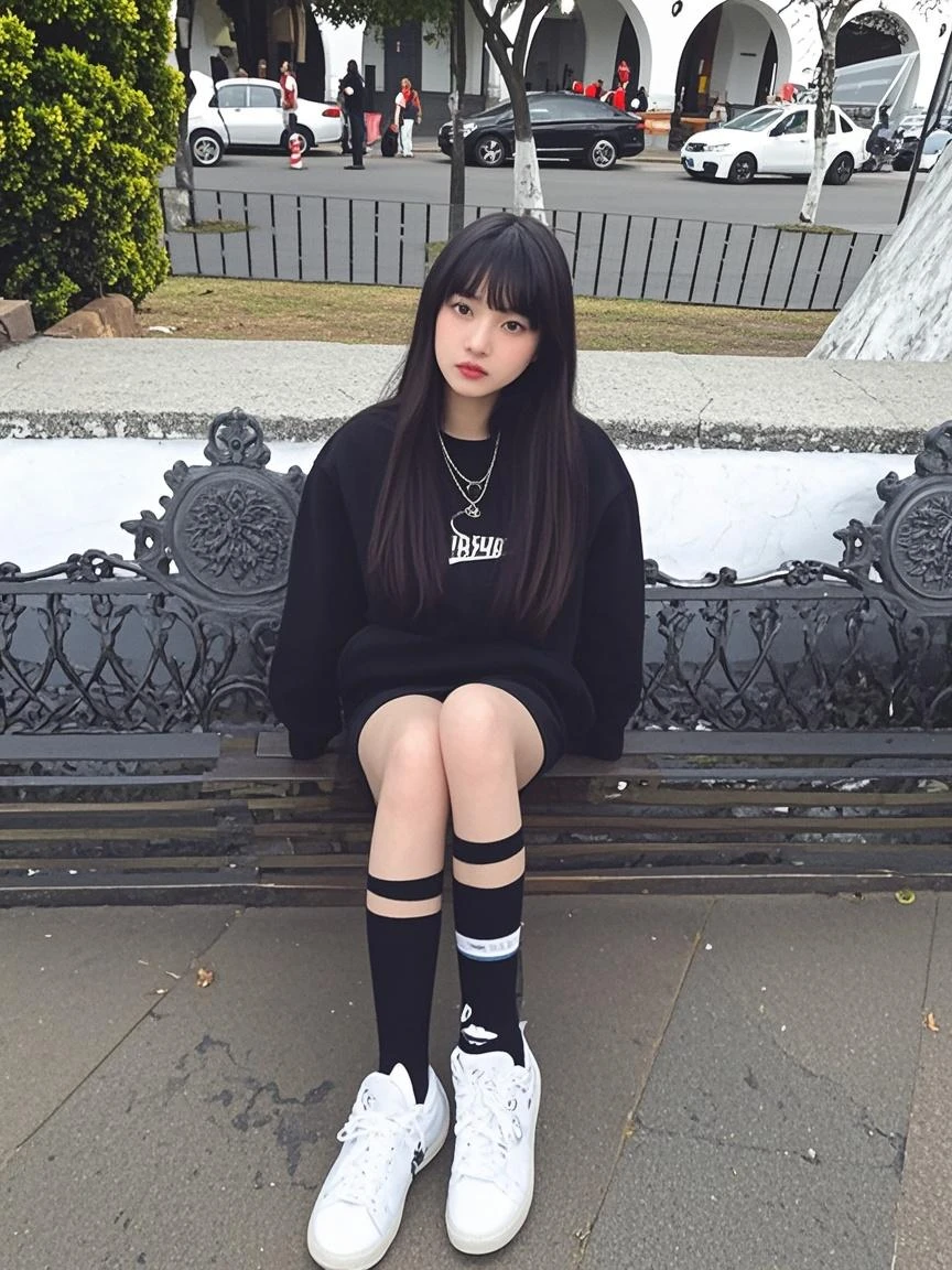 Araffe girl sitting on the floor taking a selfie with her cell phone., ulzzang, cruel korean gothic girl, korean girl, the anime girl is crouching, Beautiful young Korean woman, wearing skirt and high socks, with long wavy hair, wearing casual clothes, casual clothes, anime girl in real life, pretty face with arms and legs, Jennie kim, Jennie, blackpink, Dark skin