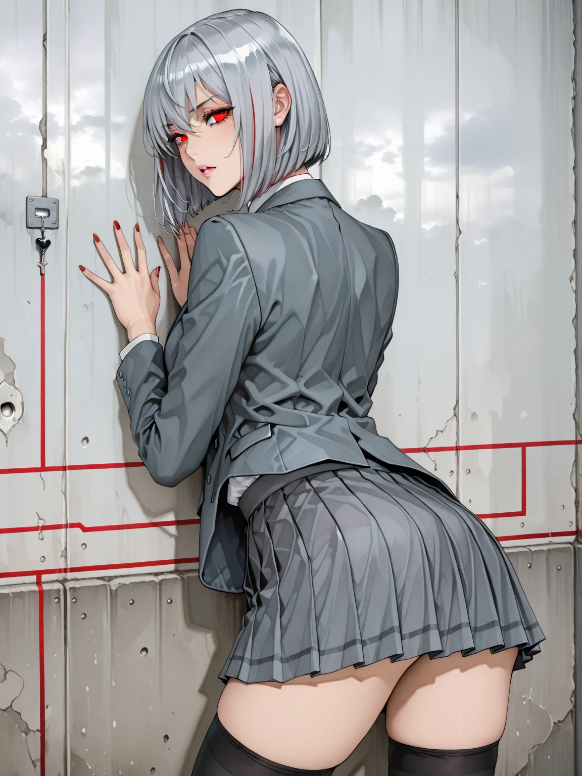 Yukino /hot girl / big ass / big  / blue eyes / red blushes / moan / mouth open / white shirt small/ black short skirt / black tall socks / big thighs / silver hair / 1 girl / in street