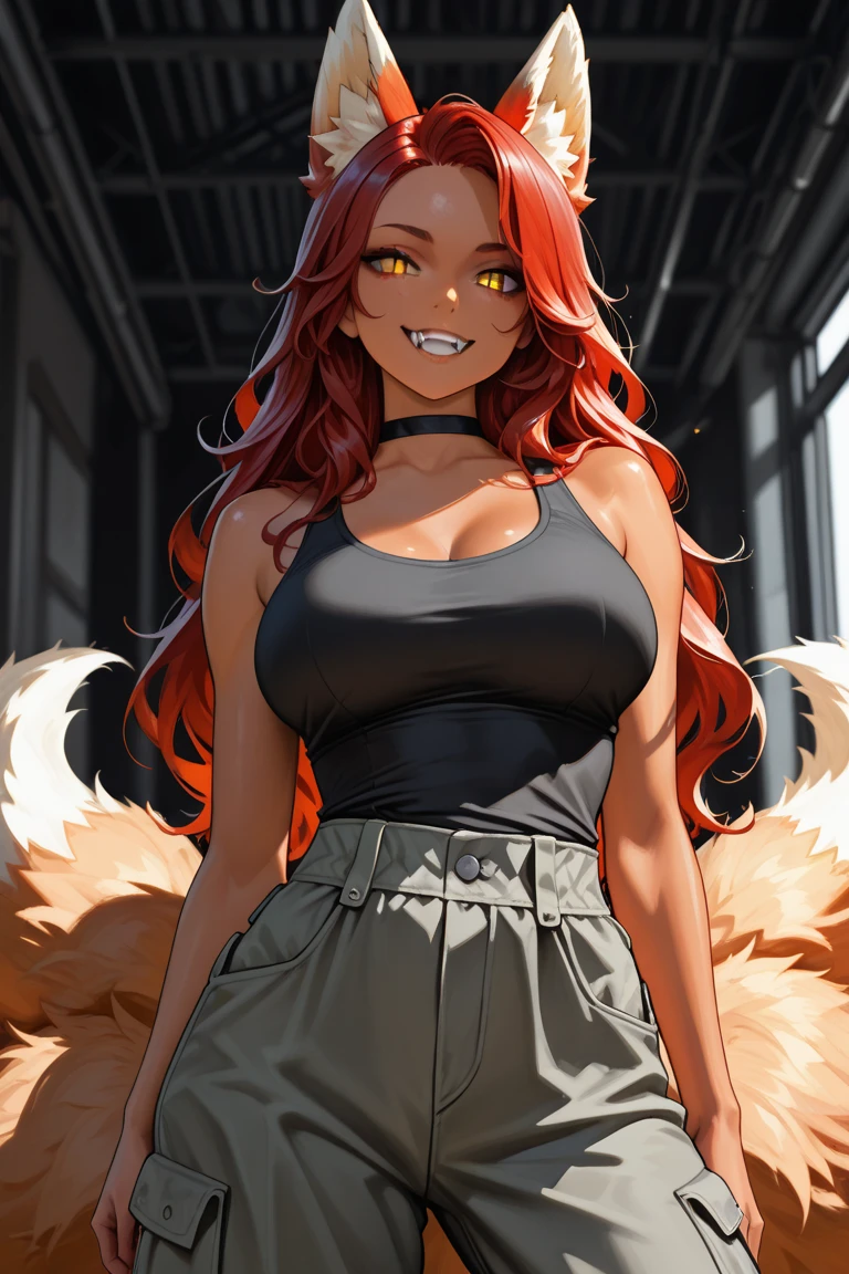 (masterpiece, best quality:1.3), zoologist,green shirt, dark-skinned female, high-waist pants (cute:1.2), fox girl, red hair, fox ears, fox tail, hand on breast, <lora:zoologistloraX1:1> <lora:Cham22 v2:1>  <lora:add_detail:0.5> <lora:add_brightness:-0.6>