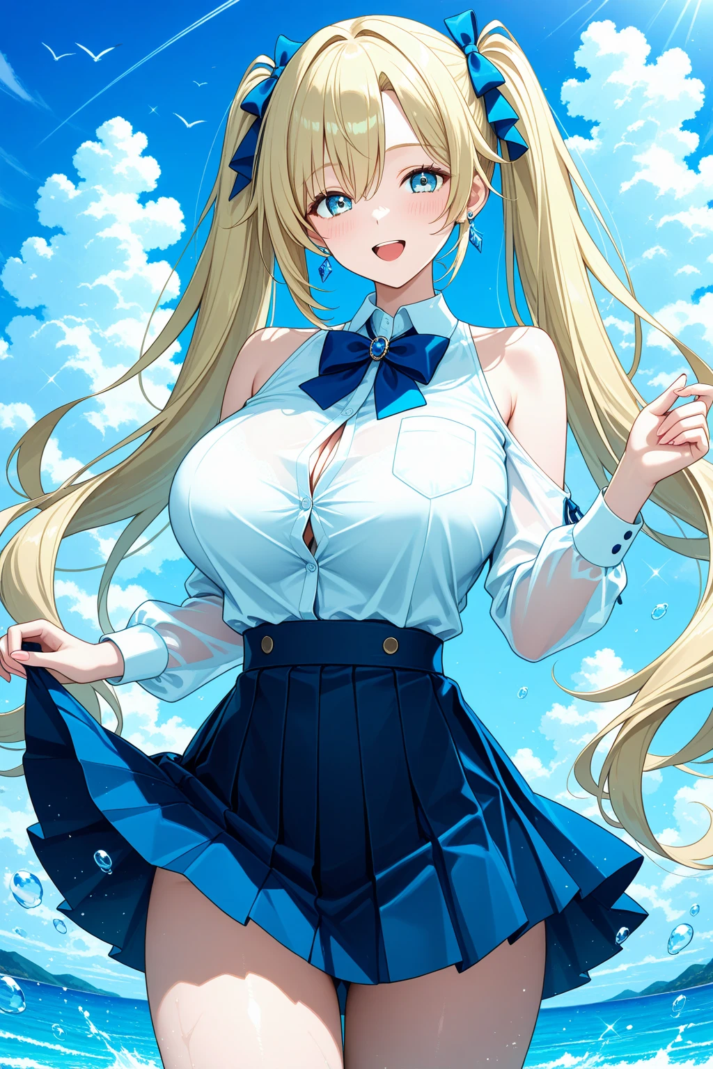A girl with big ，Light blond long hair，Blue Eyes，Sky blue skirt，sleeveless，See the lateral breast，energetic and cute，happy，on the grass，