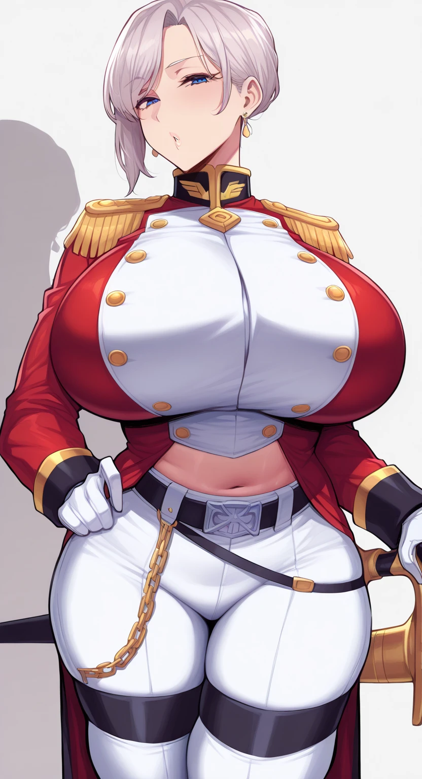 (pale skin:1.2), (white skin:1.5), ((front view:1.3)), pale face, (puffy lips:1.4), (gigantic breasts:1.4), ((gigantic breasts:1.3)), design sheet, masterpiece, (slendered abs:1.2) ,detailed , Forte Stollen typically wears a military-style uniform that reflects her role as a skilled officer. This uniform includes a form-fitting jacket with epaulets, insignia denoting her rank, and matching trousers. She may also wear gloves, and her ensemble is often accented with belts , utility pouches for a practical, combat-ready look, The color scheme is generally consistent with military aesthetics, often featuring shades of green, brown, or gray, shiny skin, beautiful lighting from the side, soft warm light,epic pose, hat, short red hair, dynamic movie poster, masterpiece, high definition, Extreme Detailed Portrait With Bokeh Effect , Realistic Lighting