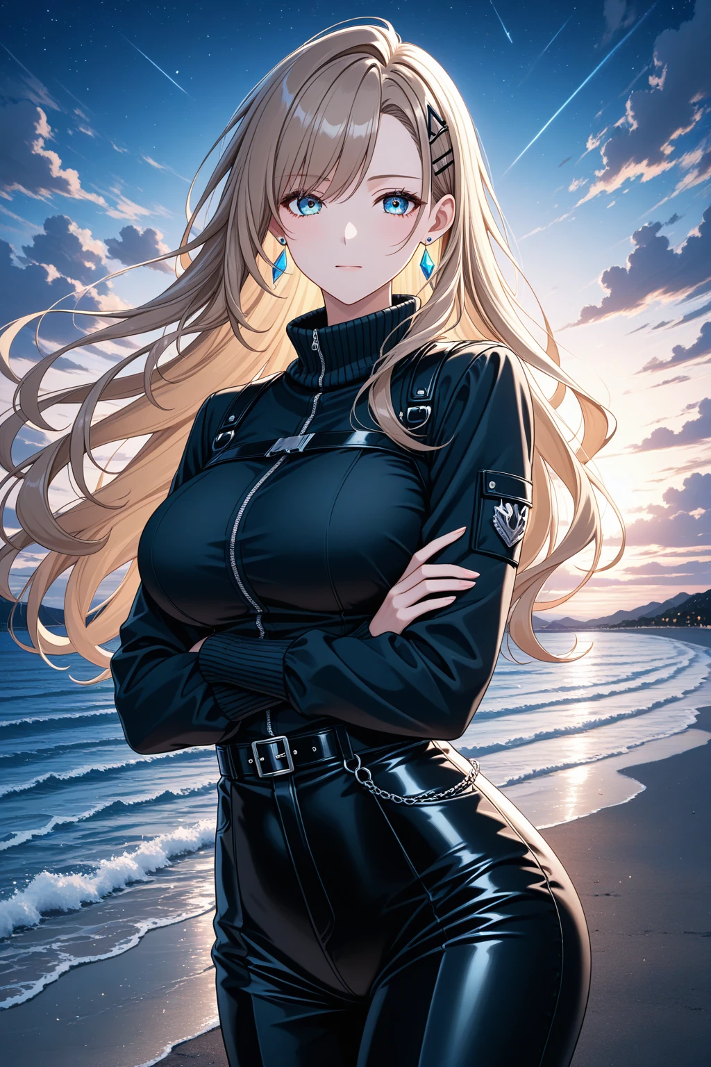 samus aran, (facing viewer:1.25), ponytail, large breasts, hair tie, jacket, (jeans:1.25), (standing straight:2.0), peeing herself, (wetting herself:1.5), very large peeing stain, huge pee stain, best quality, ultra-detailed, HDR, studio lighting, professional, vivid colors, sharp focus, physiologically-based rendering, bokeh, landscape, blue color palette, soft lighting, dynamic shadows, (hands on thighs:1.5), embarrassed, humiliation, blushing, angry, tears, (facing viewer:2.0), full body, high heels, cleavage, beach, ocean, shoal, sand, tropical setting