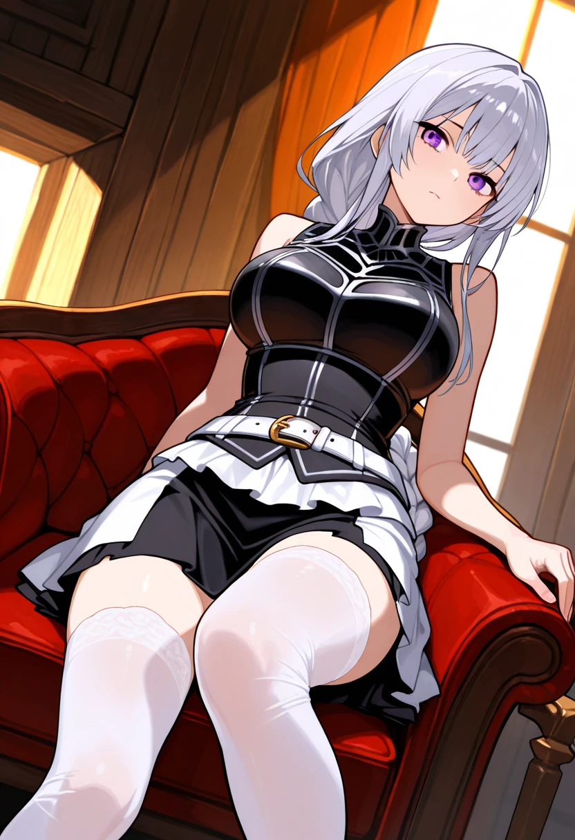 <lora:jade_v1.0:0.8>,jade\(azur lane\), hair bun,,uniform,skirt,hat,white_gloves,bag,indoors, sitting, smile,from above, hands on hips, masterpiece, best quality, extremely detailed face, sharp details, high contrast,