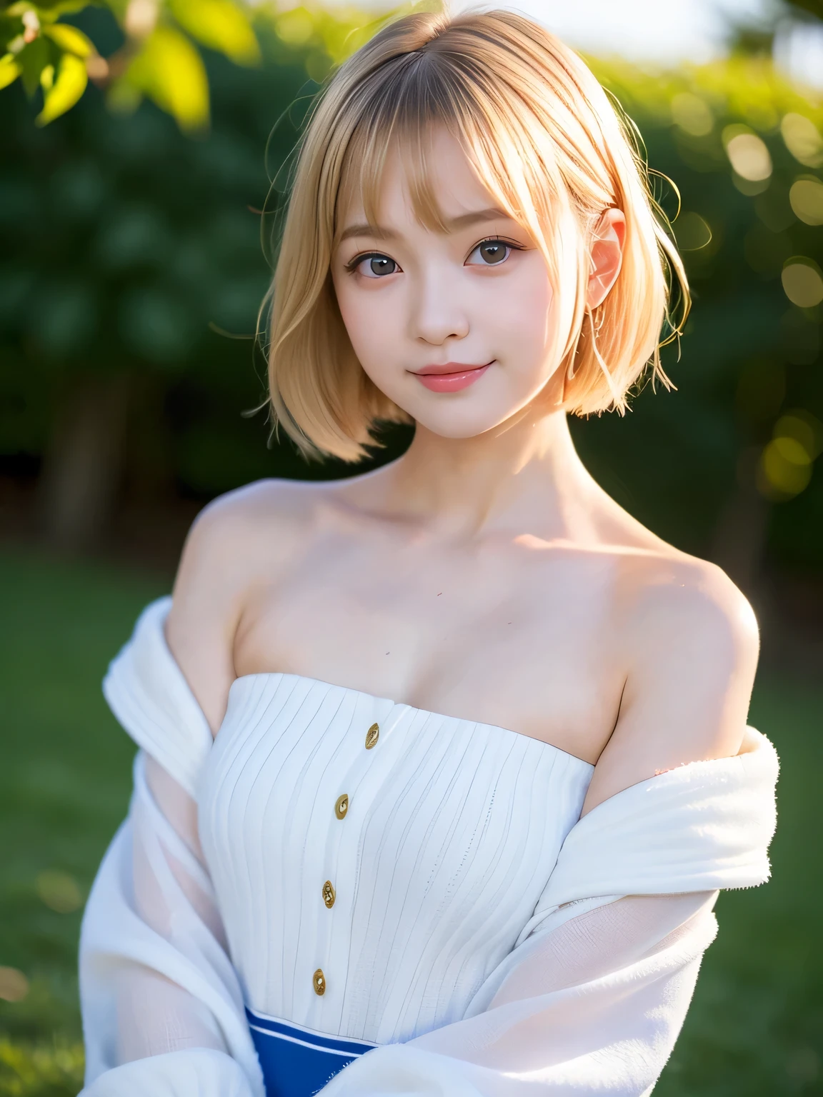 (((very heavy chest))),NSFW, 16k raw photos, highest quality, masterpiece, ultra high resolution, ((A revealing white tank top)).movie, 1 girl,((attractive expression)),eyes shine、 looking at the viewer, 自然な肌の質感very heavy chest))),((( metal yellow ribbon around the neck))).star handle mold、((yellow eyes)),Realistic eye and face details, lip whole, lipstick makeup), short hair short bob hair, laughter, 美feet, tall woman, ((glowing skin)),((美しいarmpit)), slim_feet, huge breasts, cleavage、(detailed background,highly exposed, huge breasts, blurred background,, JK ribbon at the neck, bracelet, water, bangs, split your lips、armpit、beautiful hip line、glowing skin、(((eyes shine brightly))),lotion skin、High leg、((blonde)),highly exposed、Beautiful flower photography studio background、wind effect、detailed lace veil、((Extremely small tank top)),open the thighs,shortcut、braid one's hair、professional lighting、