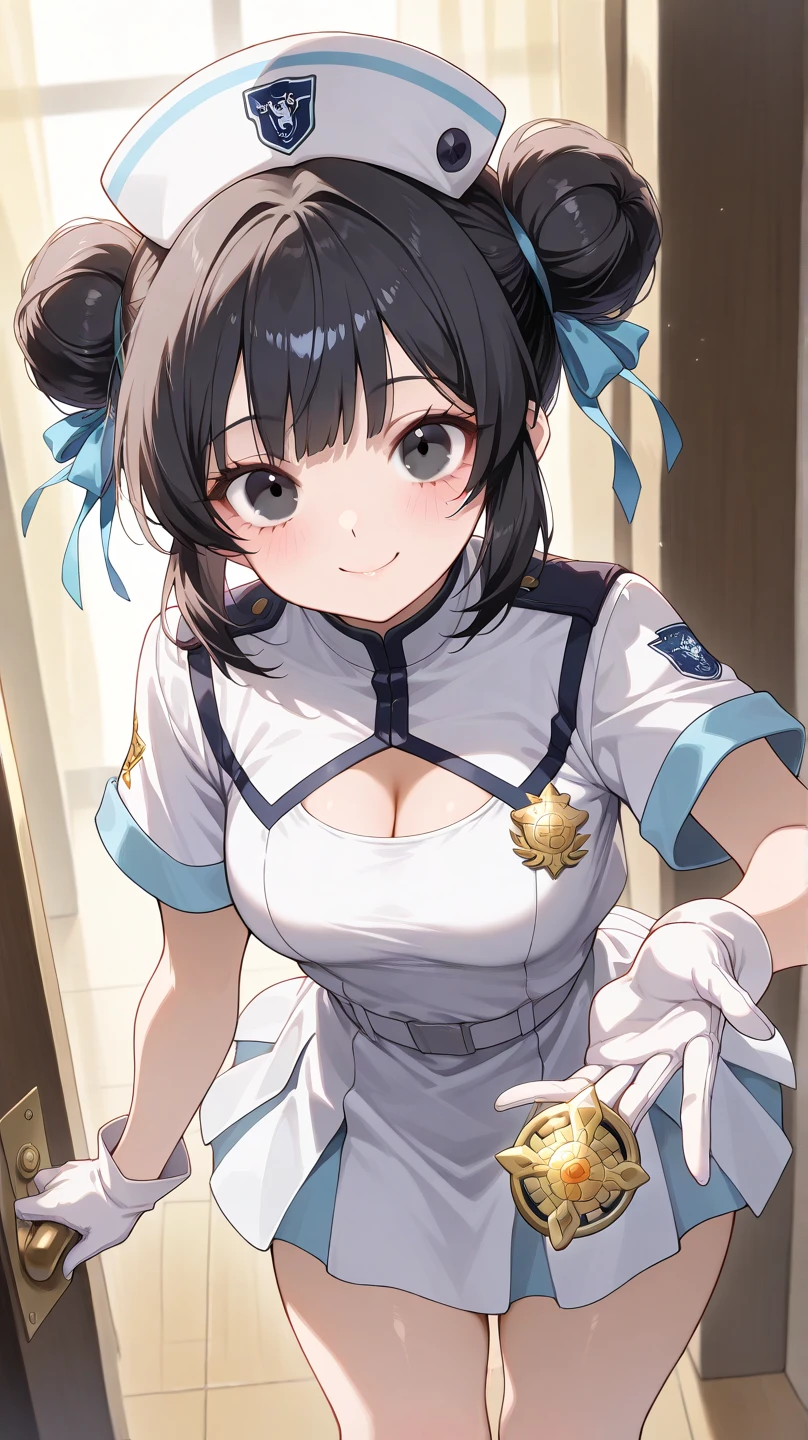 score_9,score_8_up,score_7_up,masterpiece,best quality, source anime, realistic, super detailed, extreme detailed, rating_safe,
1girl, 22yo, short hair, bob cut, (blunt bangs), black hair, (tareme, detailed cute brown eyes), curled eyelashes, (large breasts:0.9),
shiny hair, beautiful detailed eyes, beautiful face,
promotional model uniform, short sleeve cropped jacket, tight fit short sleeve dress,
smile,
international trade fair venue