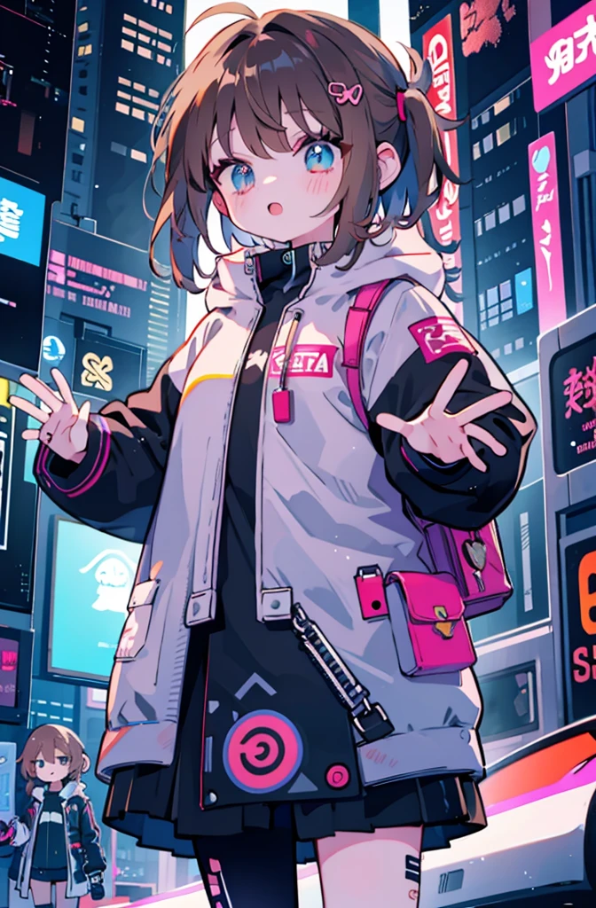anime girl with short blue grey hair and a cat hat facing forward and looking back, sexy, cute, anime style illustration, moe artstyle, wallpaper 8 k, digital illustration, beautiful catgirl, she wears a short hoodie with animal ears and short shorts, nice round butt, futuristic fashion in black and holographic colors,, cables coming out of the sleeves, the background is that of a neon japanese style city, purple and black, black cat eyes, holographic, holo details, ink style, 8k wallpaper, medium size bust, large butt