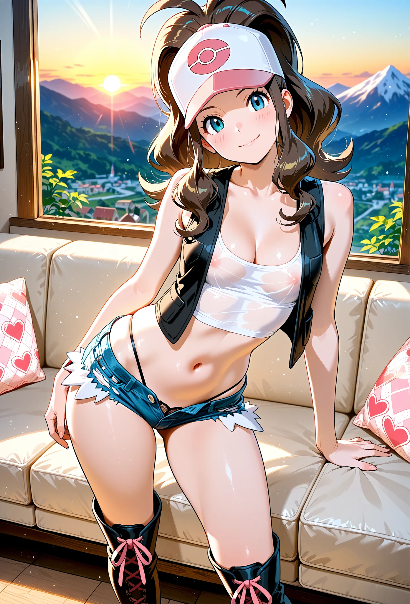 realistic, masterpiece, ray tracing, brown hair, brunette, wearing glasses, denim shorts, tight shorts, crop top, bra, tight clothing, sleeveless, no teeth, smile, huge breasts, nipple, nipple visible through bra, cleavage, red lipstick, blue eyes, wide hips, thick thighs, legs, boots, muscles, abs, pretty face, on top of hill, grass, flowers, trees, sitting down, watching sunset, stars, night sky, moon, clouds