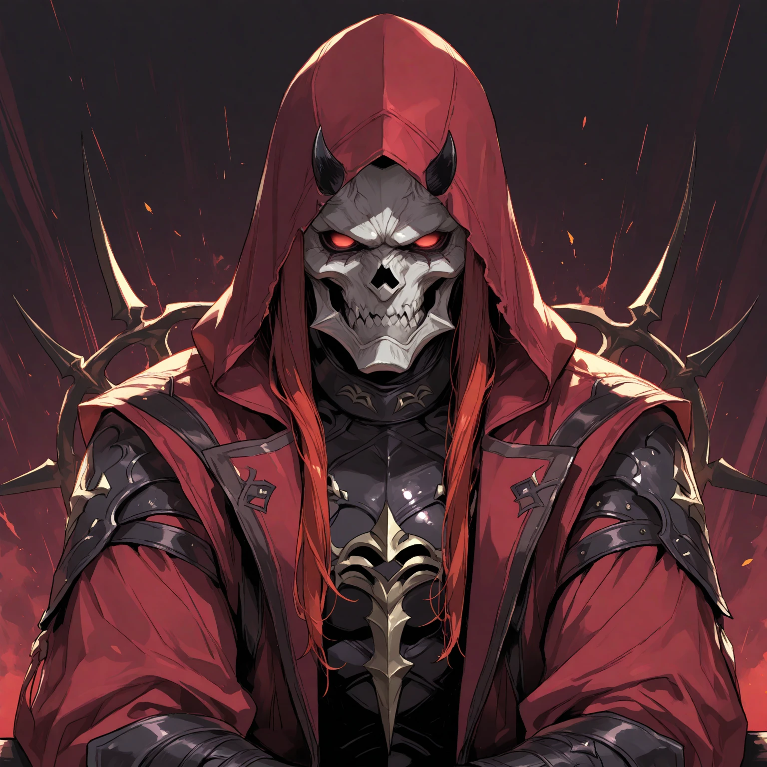 solo, looking at viewer, purple eyes, 1boy, male focus, sharp teeth, hood, mask, glowing, portrait, glowing eyes, red background, hood up, skull, mouth mask, red theme, skull mask,upper body,monster,mecha