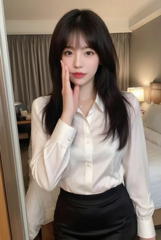 (1 Korean star with royal sister style), ((Best quality, 8K, 巨作: 1.3)), focal point: 1.2, Perfect body proportions: 1.4, (Make a smile), Watery eyes, Highly Detailed Face and Skin Textur, Fine eyes, Double eyelids, Whitens the skin, (long whitr hair, By bangs: 1.3), (face round: 1.5), (black uniforms: 1.4), (Lace view: 1.6),(white stockings: 1.4),(JK style:1.4),(Girls' bedroom:1.3)
