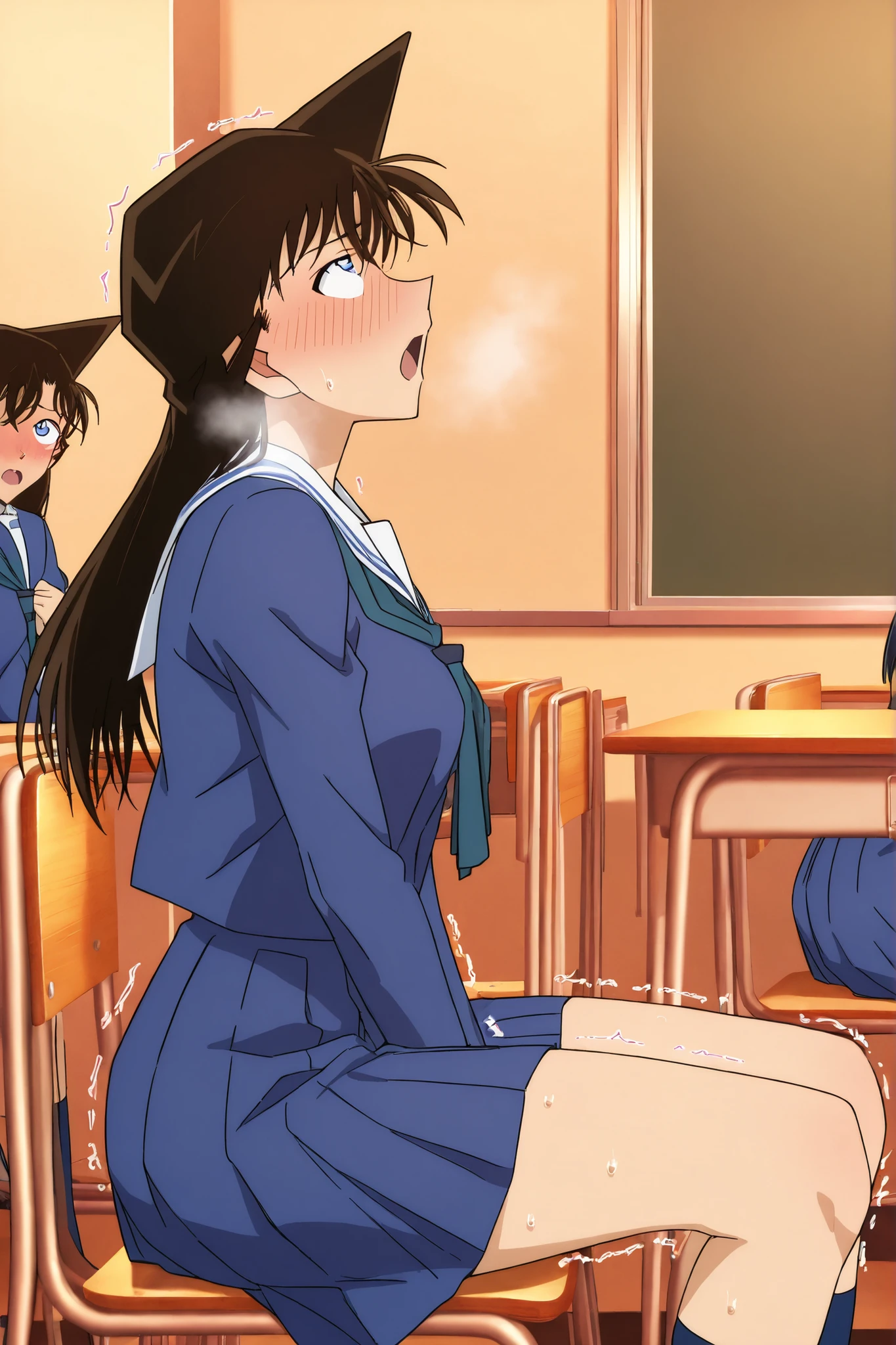 masterpiece,Best Quality,{{beautiful face and eyes with every detail }},
Mouri Ran,long hair,brown hair,light blue eyes, ((blue school uniform)), class room, Shooting in progress, 1girl, hair ornament, love juice, sit chair with legs apart, half closed eyes, camel toes,arched back, looking up, shouting, female masturbation, very embarrassing (blush:1.3), sweat, white breath, from side, half closed eyes, ahegao, ((trembling))