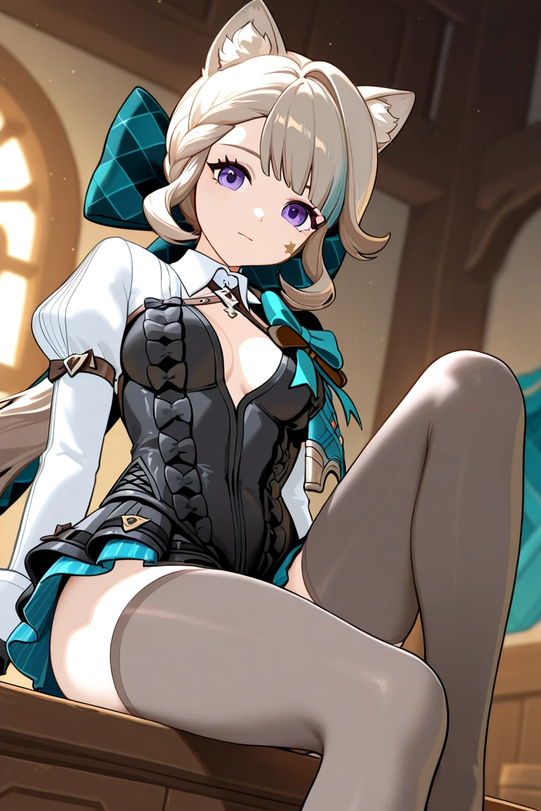 (masterpiece, best quality:1.2), 1girl, solo,standing_split,
1girl in,Lynette, Lynette, animal ear fluff, Animal ears, Cat ears, facial mark, Hair Bow, (Purple eyes:1.1, Brown hair, Star, Star on cheek, BREAK bow, green bow, hat, Leotard, Long sleeves, miniSkirt, pantyhose, Skirt, top hat, BREAK looking at viewer, BREAK indoors, BREAK (masutepiece:1.2), Best Quality, High resolution, Unity 8k, (Illustration:0.8), (Beautiful detailed eyes:1.6), extra detailed face, Perfect Lighting, extremely details CG, (Perfect hands, Perfect Anatomy),