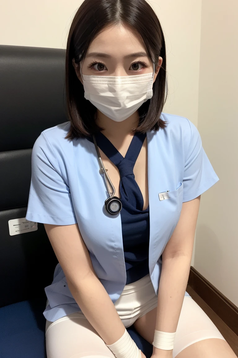 1 girl,(Wearing white nurse clothes:1.2),(RAW Photos, highest quality), (Realistic, photo-Realistic:1.4), masterpiece, Very delicate and beautiful, Very detailed, 2k wallpaper, wonderful, finely, Very detailed CG unity 8k wallpaper, Very detailed, High resolution, Soft Light, Beautiful detailed girl, Very detailed eyes and face, Beautiful and detailed nose, finely beautiful eyes, nurse, Perfect Anatomy, Black Hair, Upstyle, nurse uniform, ((mask)), Long skirt, nurse, White costume, thin, hospital, clear, White Uniform, hospital room, Neck auscultation,Bobcut