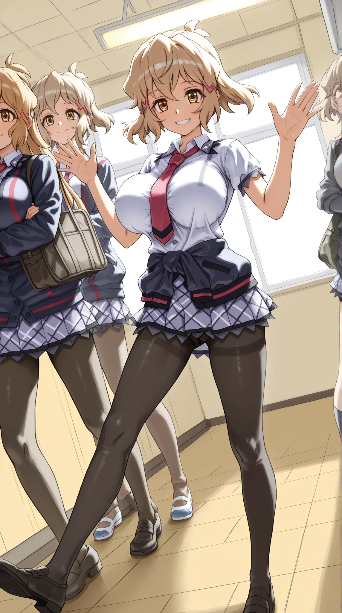 Masterpiece, high quality, 3girls, duo, identical twins, identical sisters, brown hair, curly hair, matching hairstyles, hazel eyes, medium sized bust, (school uniform, sexy school uniform, blazer, lace section, ribbon, rainbow short skirt, white thigh-high socks, black high heels, matching outfits), smile, flat_colour, full body, seductive pose, Duo pose: From the side angle, people&#39;s body curves are beautiful.
hugged from the side