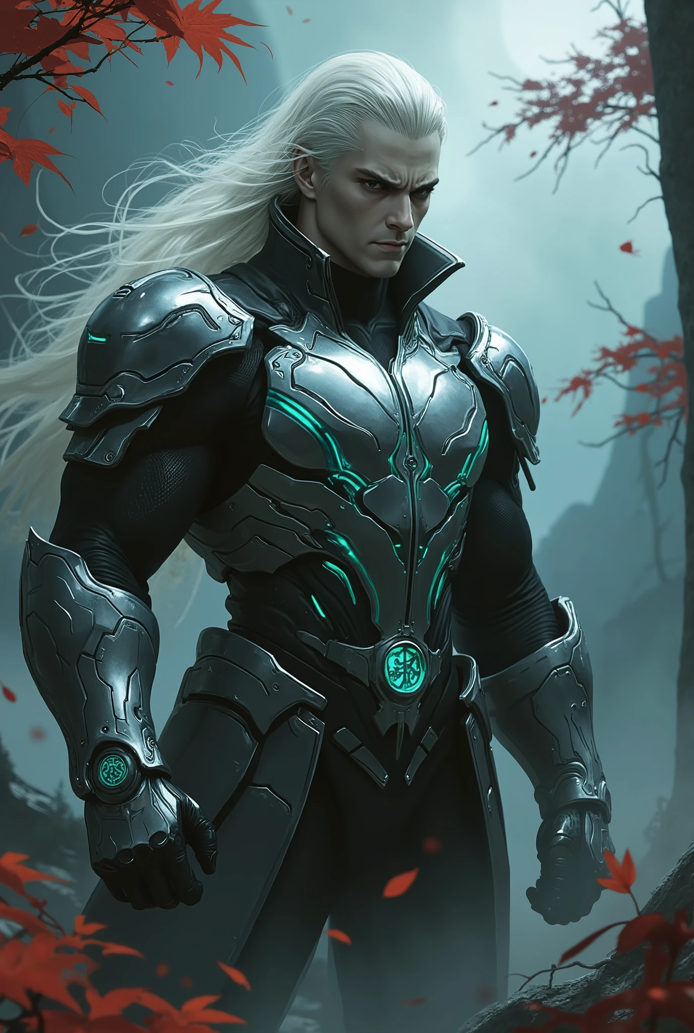 (masterpiece, 8k resolution, award-winning character concept art, hyperrealistic, insanely detailed), a full-body portrait of a formidable middle-aged assassin, a stoic sentinel. He possesses a chiseled, square face etched with grim determination, his intense, sharp eyes glowing with a cold, latent power. A mane of immaculate, straight platinum blonde hair, like spun moonlight, cascades over his shoulders. He is clad in a sleek, form-fitting black carbon-fiber undersuit, over which he wears a magnificent, intricate breastplate of polished silver-white metal, a seamless fusion of futuristic sci-fi engineering and arcane fantasy design, with glowing cyan circuitry lines and faintly glowing runes. Matching articulated gauntlets and greaves complete his battle-worn, high-tech armor. He is frozen mid-motion in a dynamic, predatory stance within a mist-shrouded, ancient mountain forest at the dead of night. A swirling vortex of crimson maple leaves, like scattered embers against the darkness, dances around him. (Cinematic, volumetric lighting:1.3), ethereal moonlight filters through the dense canopy as god rays, creating stark shadows and sharp, dramatic rim lighting that carves out his powerful silhouette. Style of Greg Rutkowski, WLOP, and Artgerm. Unreal Engine 5 render, octane render, trending on ArtStation, sharp focus, perfect anatomy, perfect hands with five fingers.