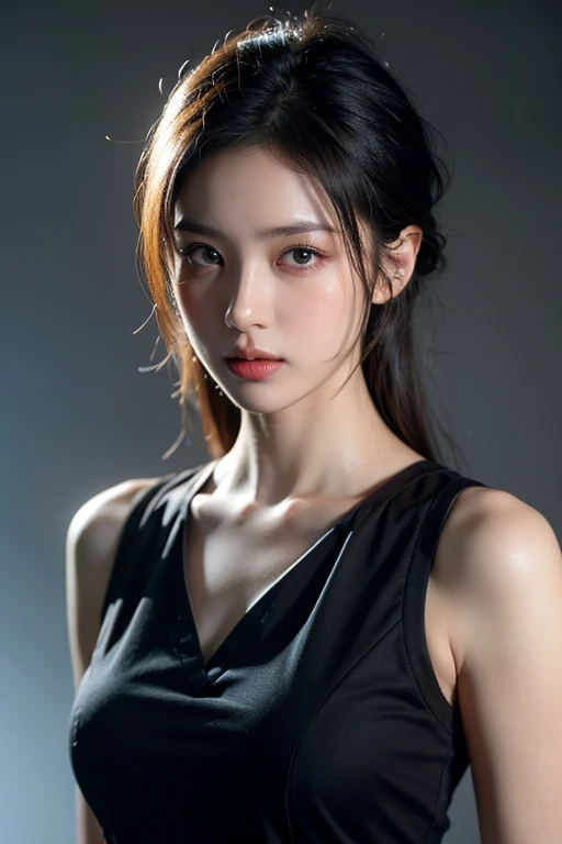 best quality, masterpiece, ultra high resolution, (realistic:1.4), RAW photos, 1 woman, simple grey background, reply, looking at viewer, sleeveless
