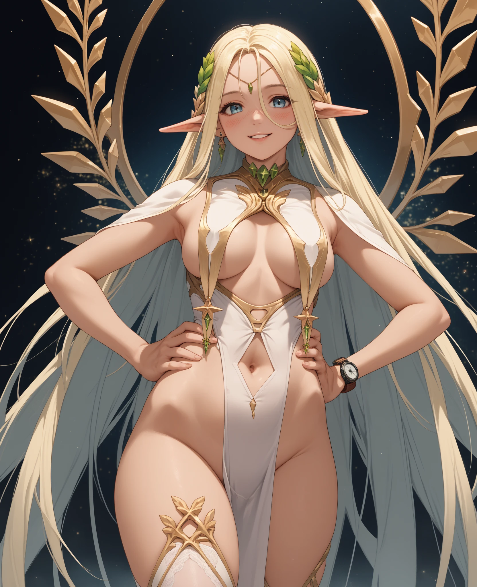 high quality,high resolution,Super beautiful,Dancing Elf Girl,Long blonde hair, slender body,Small breasts,(Completely naked), full body,Beautiful starry sky,Flower Field