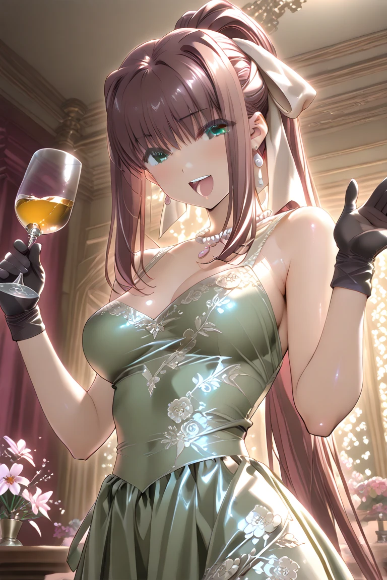 Lisa , genshin impact, 1girl, alcohol, alternate costume, armlet, bare shoulders, black background, black dress, black gloves, black thighhighs, breasts, cleavage, criss-cross halter, cup, dress, black pleated skirt, drinking glass, flower, gloves, car seat, inside car, sitting in car, hair between eyes, halterneck, holding, holding cup, jewelry, large breasts, long hair, looking at viewer, necklace, brown hair, red short nails, green eyes, see-through gloves, solo, thighhighs, thighs, very long hair, wine, wine glass, ((masterpiece)), blush, sexy pose,