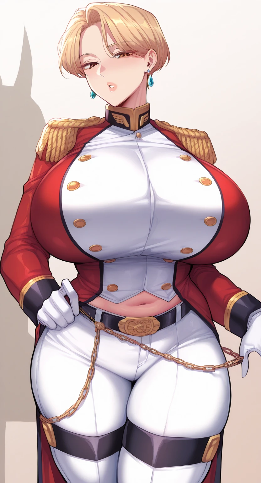  young adult girl, Tall stature, little chest, closed mouth, Slavic appearance: Green eyes; blond hair; sharp facial features; dimple on the chin; Straight nose; high nose; pronounced high cheekbones; high forehead, stands upright, (gigantic breasts:1.4), detailed face, military uniform:  double-breasted overcoat; pants, Full-length painting, leather gloves