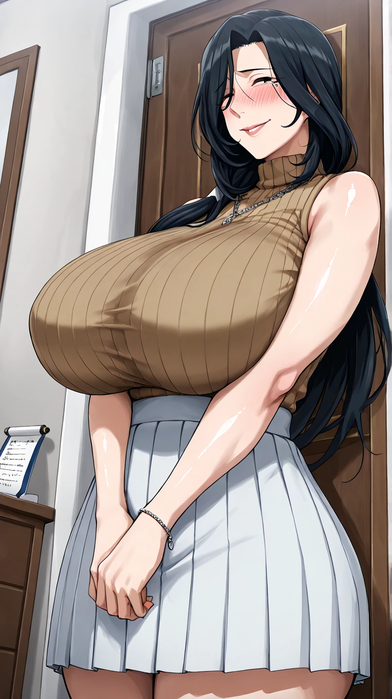 anime cels style,  1girl, rinko_iori, yellow ribbed sweater, black apron, , smile, closed mouth, (????????????:1.2), indoors, cowboy shot, jeans