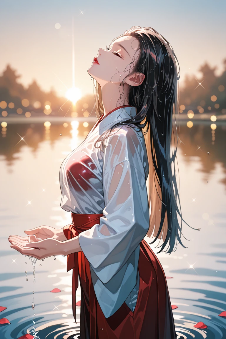 1 lady only, (standing under Fall), (Face down), kimono (Pure white robe:1.1), Mature female, /(Black Hair/) (Straight Hair) Bangs, blush, (/Close your eyes slightly:1.1), (Masterpiece Best Quality:1.2) Exquisite illustrations with rich details, Big BreastsBREAK (Fall) outdoor, Holy Land, splash, rock, (Fall sparkle in the sunlight), Detailed background