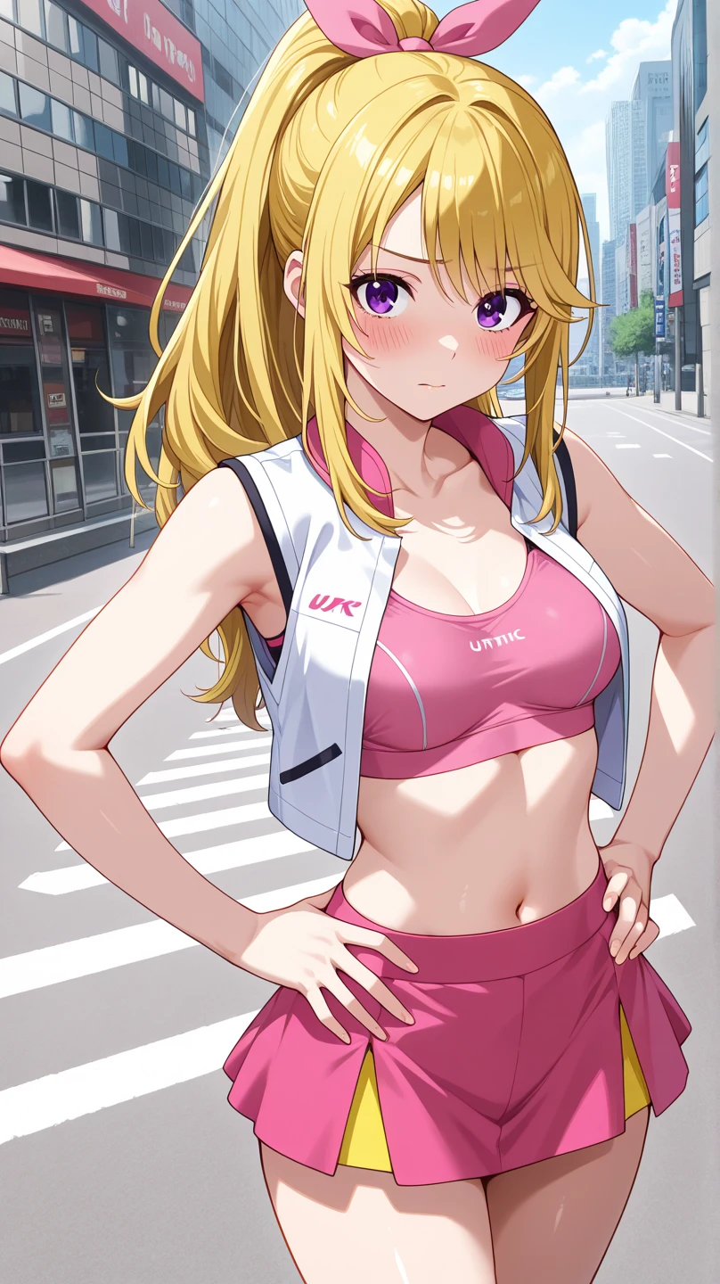 score_9, score_8_up, score_7_up, solo, 1girl, nikkejackal, smile, closed mouth, looking at viewer, hand on hip, ahoge, twintails, hairclip, sports bra, pink shorts, single thighhigh, pink thighhighs, collar, outdoors <lora:nikke_jackal_ponyXL:1>