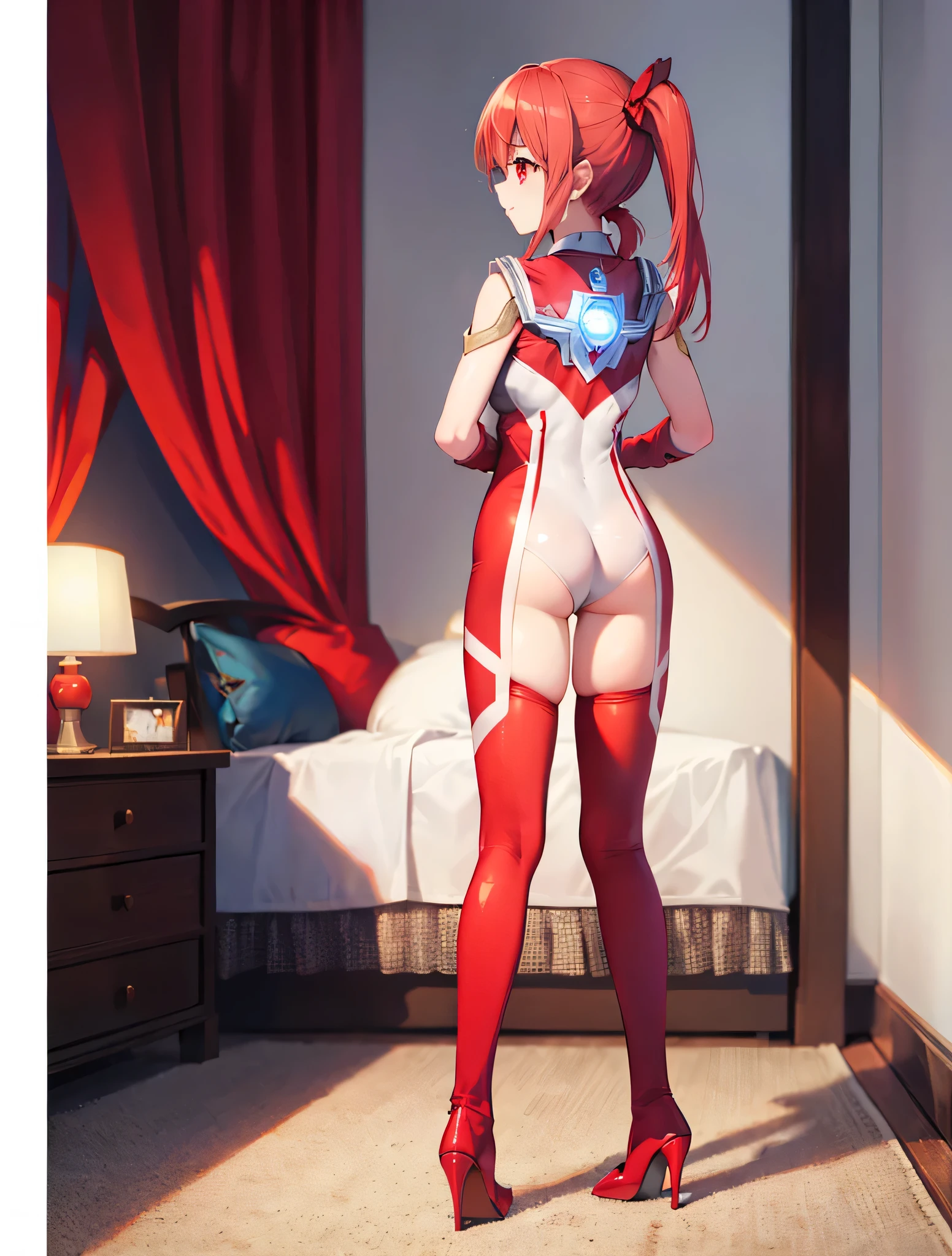(Close-up:1.3),Realistic,Highest quality, Ultra Detail, High-quality CG rendering, The most delicate and beautiful, Floating softly, High resolution, (One huge person), (Highest quality,4K,8k,masterpiece:1.2),(All red hair:1.5), (ponytail:1.5),(Red eyes:1.5), (Ultra Girl:1.0), (Bright red Ultraman bodysuit:1.4),(Do not expose your skin:1.5),(Slightly larger breasts:1.5),(Red gloves:1.3),(Red Shoes:1.3),(whole body:1.3),smile,Small room,(Collapsed in bed:1.3),Knocked down,Sleep,Are sleeping,(Prone:1.4)