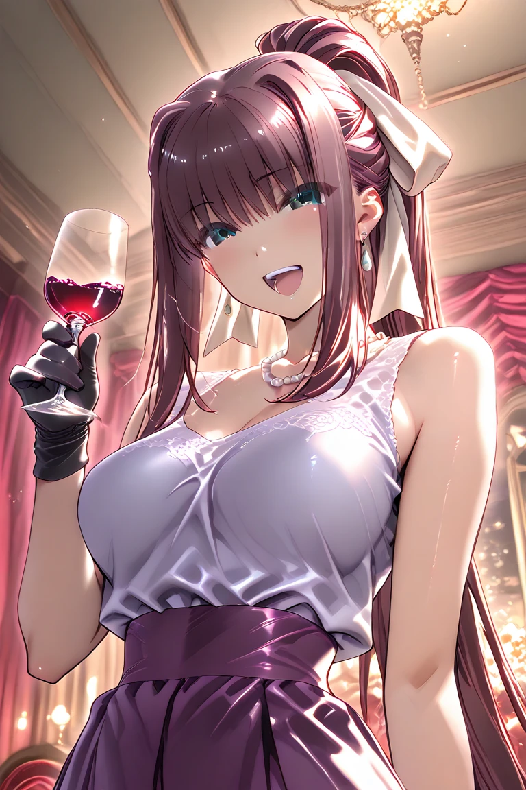 A modern-day illustration of a woman holding a wine glass with her pinky finger raised. The scene includes an elegant dining table set with fine china, silverware, and a beautifully decorated background. The woman is dressed in formal attire and the overall ambiance is sophisticated and classy. The image is in a 9:16 aspect ratio.