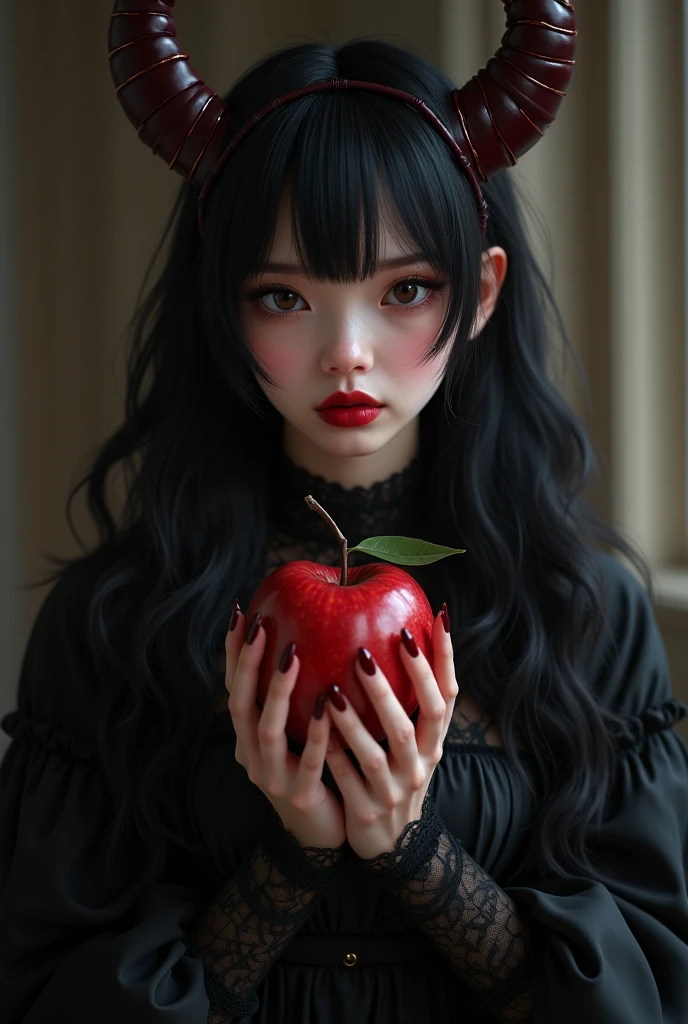 ((RAW photos)，Absurd ，(Absurd 分辨率))，masterpiece，Best quality，(Extremely detailed 8k unity CG wallpaper)，(Most Best Illustration)，(BEST SHADOW)，Realistic lighting，Beautiful and detailed brilliance ，((21yo))，girl，longblackhair，Black Queen，accessories，Hold an apple，Poison apples，Witch Queen，red lipsticks，(((Her Photographic Perspective)))