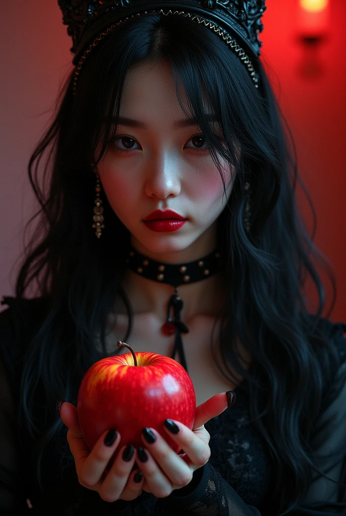 ((RAW photos)，Absurd ，(Absurd 分辨率))，masterpiece，Best quality，(Extremely detailed 8k unity CG wallpaper)，(Most Best Illustration)，(BEST SHADOW)，Realistic lighting，Beautiful and detailed brilliance ，((21yo))，girl，longblackhair，Black Queen，accessories，Hold an apple，Poison apples，Witch Queen，red lipsticks，(((Her Photographic Perspective)))