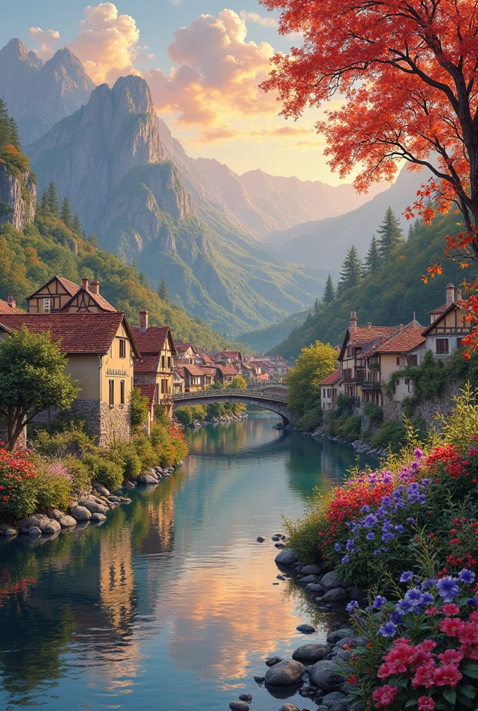 A small village by the river,The background is mountains,Flowers bloom,Vivid colors,Detailed scenery,Beautiful natural landscape,Ambiance Lighting,Scorching sunset,a warm color palette,utility,oil painting,Delicate leaves,Complex architecture , cobblestone streets , charming country cottages , swirling bright colors, dense vegetation ,Still water reflections,picturesque,Leisure and tranquility,artwork of a,Best quality,8k,Extremely detailed,chuck pinson style