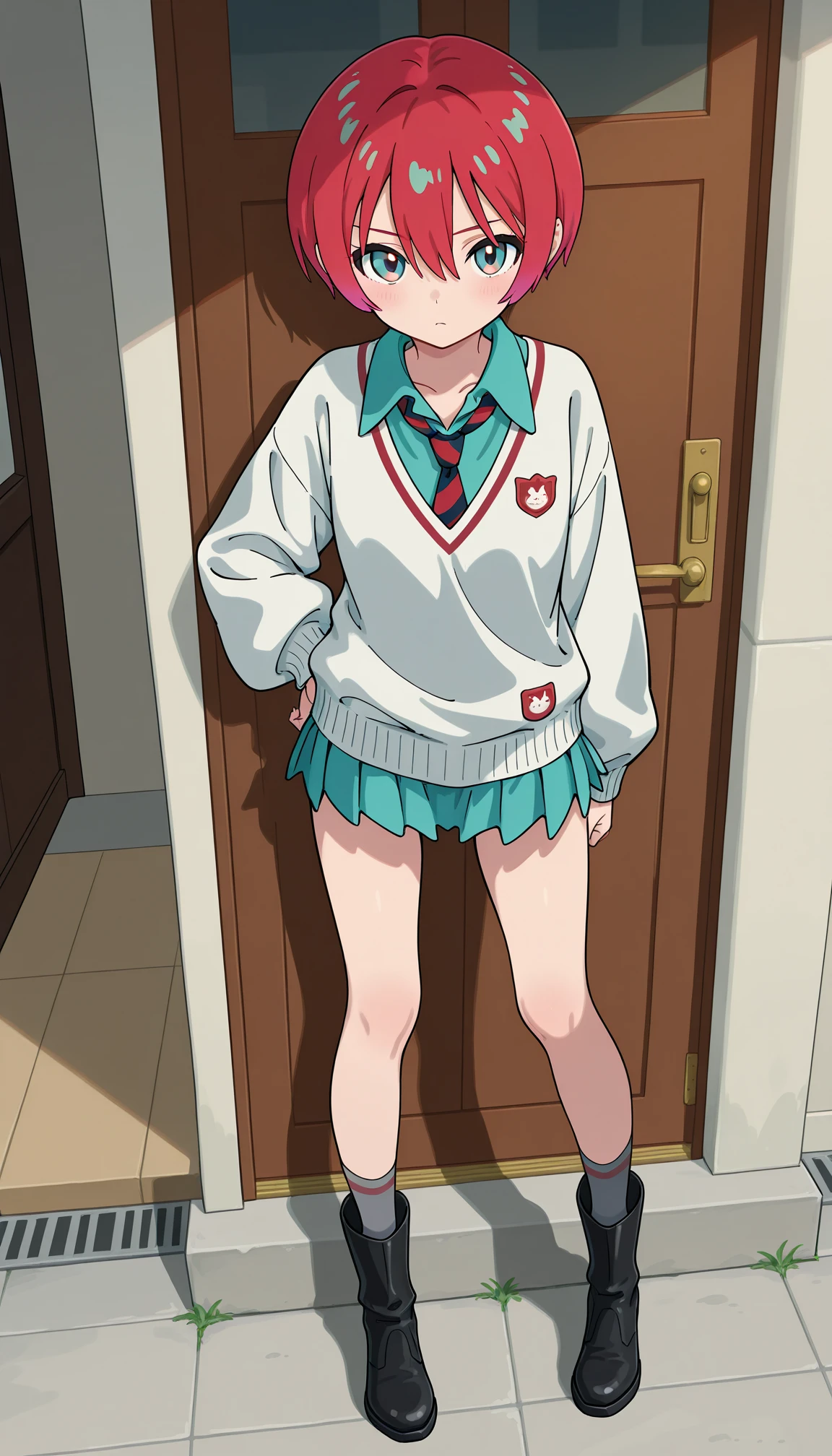masterpiece, super fine illustration, best quality, light particles, ultra-detailed, 8K,young girl,[official art],[[anime styled]],[[digitalart]],akane_asahina,over-rim eyewear,((pixie cut)),(hairclip),((forehead,side part hairstyle)),black hair,small breasts,short torso,, shiny skin, oily skin,((school uniform,cream colored jacket)),((brown pleated skirt:1.2)),NSFW,1girl in,standing,From below,Looking at Viewer,up skirt,Best Quality,Skirt lift,smile,blush,anime screen cap,Flat color,cel shading,(tucking up the skirt),((lite green Panties)),short torso,Show panties,pantyshot,up skirt,(classroom)