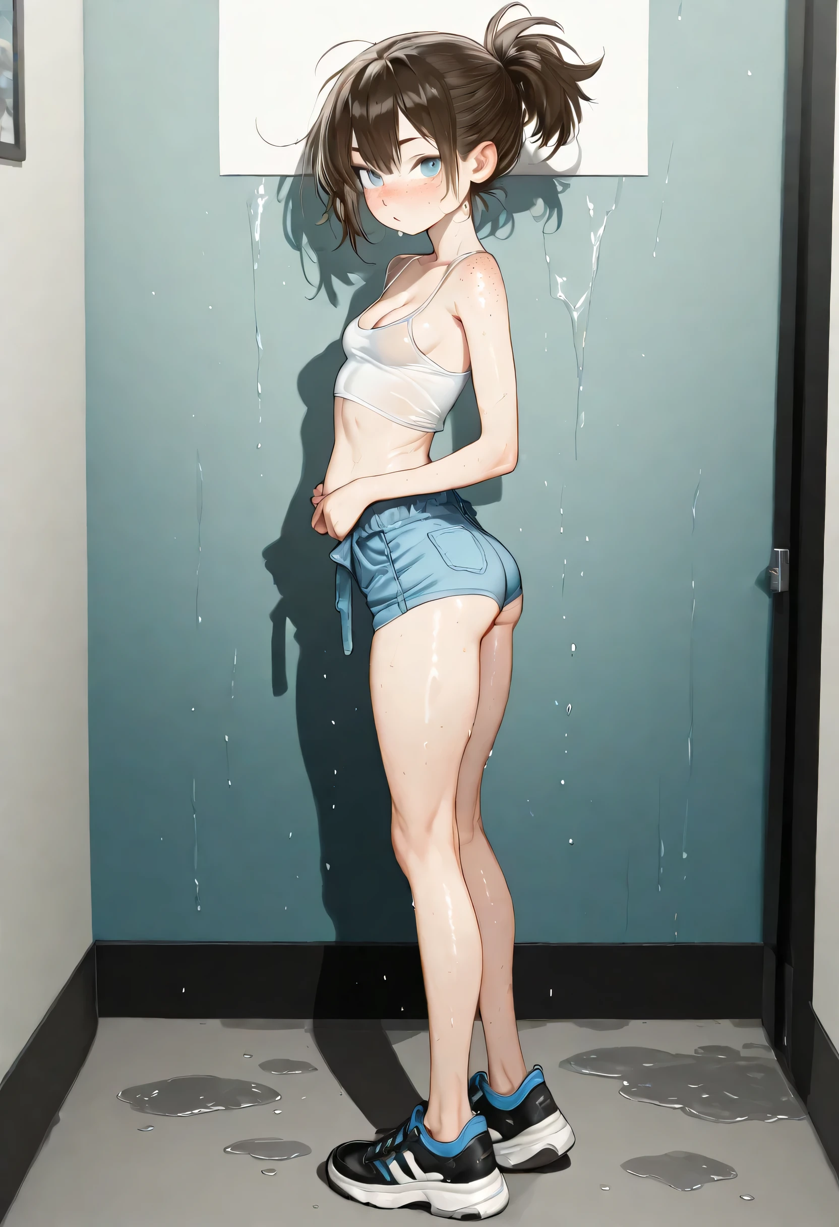 1 girl, teen, 18 years old, youthful, skinny, tall, brunette, messy ponytail, vivid blue eyes, small breasts, small waist, small ass, with freckles, young looking, cute face, hot body, most beautiful girl ever, full body wide picture, looking deeply at the viewer with a look of innocence yet seductive expression, photo taken in jail, dressed with small shorts revealing most of her legs and almost a bit of her lower ass cheeks, dressed with a small white tank top revealing almost all her belly, with a cleavage highlighting the small but attractive breasts, overall clothing highlights even further her attractiveness., wet, standing