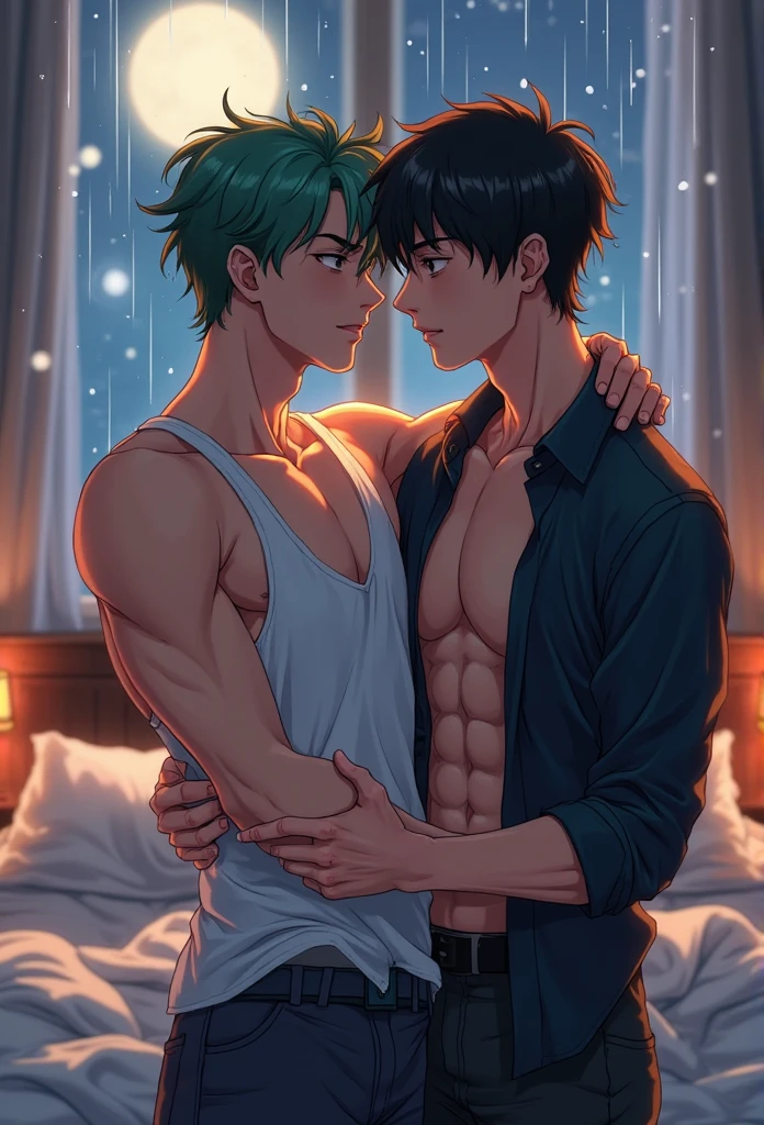 ((Best Quality)) ((high definition quality)), ((Masterpiece)), (detailed), ((without errors)), ((no duplicate limbs))
Create a modern apartment, two figures stand out in a dim and warm room. Cipriano, a muscular Argentinian man in a tight white t-shirt, shows tattoos on his arms and chest. With short punk messy hair and well-groomed beard, Her skin is brown and her eyes are emerald green., He gently kisses Min-Joon's neck while holding his waist in a sensual and erotic way.. Min-Joon, a young Korean man with an urban style, He wears a white t-shirt. Tender and sweet face like a kpop idol, White skin, perfectly shaved, His body is smaller and skinnier than Cipriano. His posture is relaxed but full of energy, His dark, messy hair falls over his forehead., and his tattoos cover his neck and arms. He enjoyed Cipriano's touch, showing an expression of sexual pleasure..
The room is partially lit by city lights coming through the window, creating an intimate and passionate atmosphere.
Cipriano is the active and dominant one while Min-Joon is the passive one in the relationship.