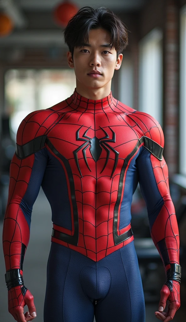 Young Korean boy in a detailed Spider-Man costume., Red and black color scheme :: Highly detailed, แมงมุมที่มีHighly detailed, ดวงตาที่มีHighly detailed, นิ้วที่มีHighly detailed, Take the whole body, Quiv haircut, dynamic poses, Look at the camera, Detailed parts of the face, Manly, nighttime, city scenery, city lights, Detailed city roof background, Monk sex, perfect anatomy, Symmetrical body, Asia, 19 years old, realistic, human skin, short hairstyle, handsome chad chin, handsome, sit, open legs, charming, Be a man, sexually, close your eyes, open your mouth, human skin, (Make eye contact), charming, Big hip pants, very good, depth of field, perfect composition, in the middle