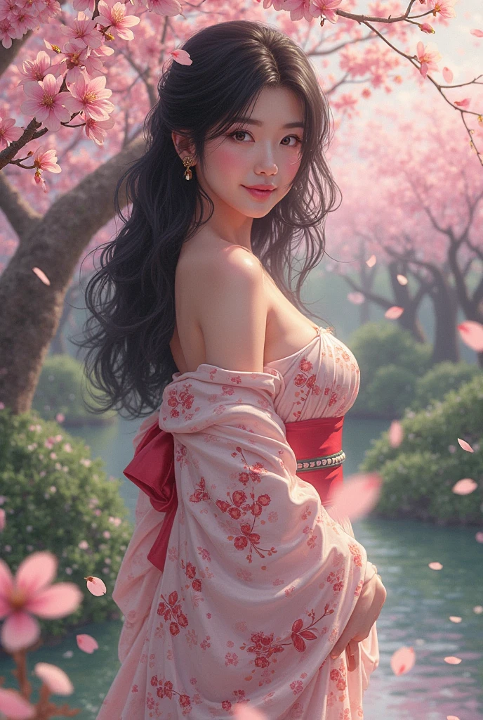 (Best Quality,4k,High resolution),(realist:1.37),Portrait of Mulan in a sexy pose,wearing a dazzling and provocative kimono,exuding confidence and power,with a seductive expression on her face,His eyes shine with determination and courage,her full and seductive lips,her long black hair waving in the wind,her feminine beauty emphasized by detailed features,her flawless and radiant skin,her curvy and toned body,highlighting her sensuality,Their traditional attire adorned with intricate patterns and vibrant colors,Showing the elegance of the kimono,against the backdrop of a cherry blossom garden, The petals fall gently in the air.,creating a romantic and charming atmosphere,Soft, natural lighting that illuminates your face and figure.,giving a warm and intimate feel to the portrait,rich and vibrant colors,Enhance the visual impact of the artwork,creating a visually stunning and captivating masterpiece.