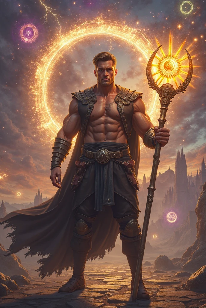 Man, 30 years old, short black and black hair, with black beard, short messy hair, black dark skin, yellow eyes, djinn clothing, open sleeveless gold vest, purple vest with black Arabic print, black Arabic pants, gold belt, djinn bracelet with gems, black boots, brown boots, phosphorescent black tattoos, surrounded by fire and blue smoke with magic circles with chains tied to hands and feet surrounded by white chains on a background of arabic ruins. with magic circles and a crown of fire on his head, slim and muscular build
