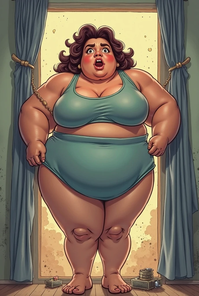 Cherry Jubilee, wearing sexy yellow bra and yellow panties, smug grin, massive fat belly, Cherry Jubilee Equestria Girls, full body, Standing, in the living room, Cherry Jubilee, cuerpo completo, high resolusion