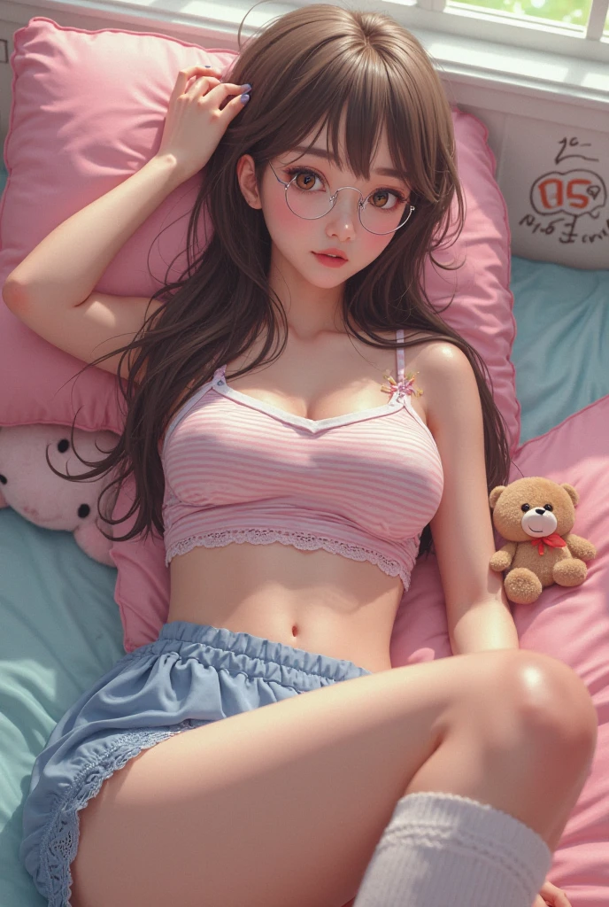 Sleeping Girl, 20 years old, Realistic,Wearing a lace camisole,Open legs, Expressions of satisfaction and relief, Brown hair. Pink bed theme and some cute stuffed animals on the bed,An ultra-high picture quality,high-detail,Get up,
