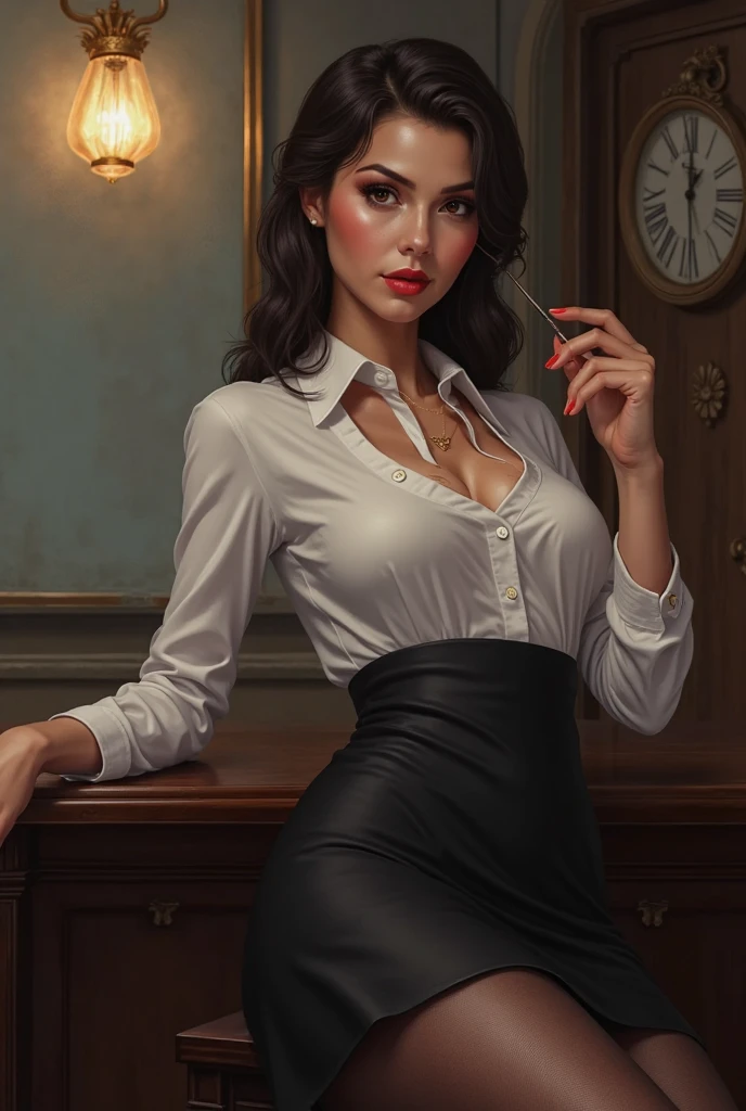 Taki, sitting on a table , (heavy eyeshadow, red lips), slender, (collar:1), White open shirt, no bra, pendant, fantasy art, concept art, highly detailed, high quality, 8k, delicate features, feminine, seductive, Chiaroscuro lighting, (style of howard chandler christy:1.0), (charcoal sketch by jean-joseph benjamin-constant:1.3)