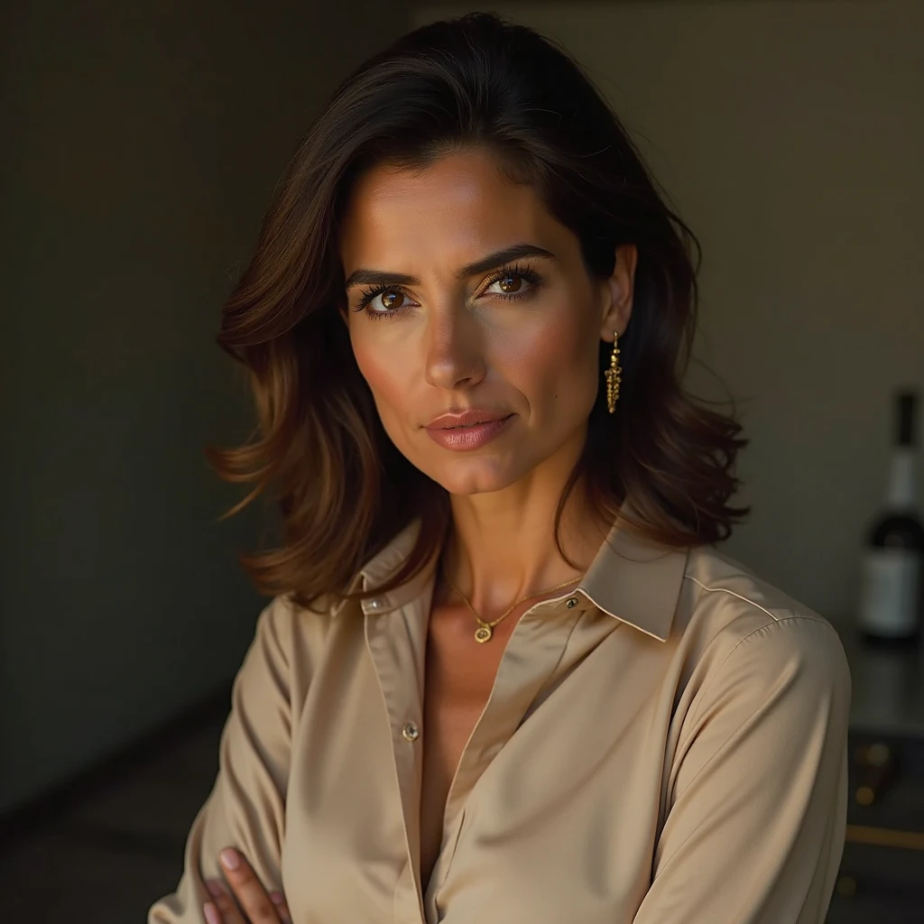 ((best qualityer)), ((work of art)), (detailded), "Create an image of a woman named Claudia, around 38 years old. Claudia has a confident and serene appearance. She has wavy brown hair that falls over her shoulders and expressive eyes that convey wisdom and kindness.. Claudia is dressed smart casual, with a light blouse and jeans. No fundo, the environment is a library or a cozy cafe, reflecting a tranquil and intellectual setting."