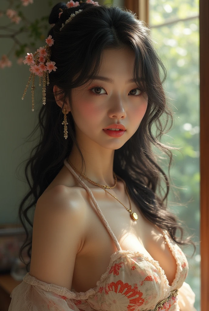 possession_, realistic, 1 woman, brown hair, headdress, candela, alone, seat, paper candela, long hair, brown eyes, realistic, hair bun, naked , flower, hair flower, looking at viewer, Beautiful woman with a slender body:1.4, Distinct abs:1.4, on the island,ultra fine face,exquisite eyes,double eyelid,(((nude))), spread your legs, double bun, kimono, Lips ((wash painting)),((ink...,